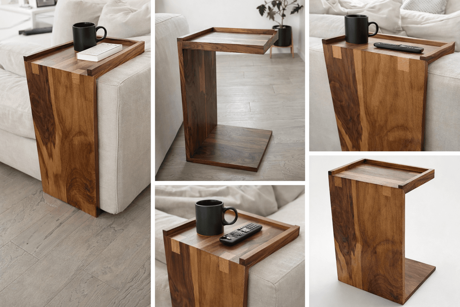 C-shaped figured walnut sofa side table with white oak joints and raised-lip tray