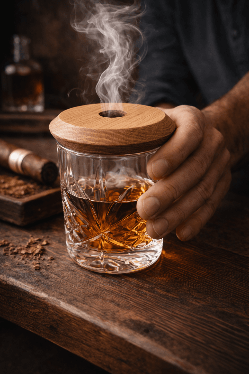 Lathe-turned white oak whiskey smoker lid for rocks glass cocktail smoking